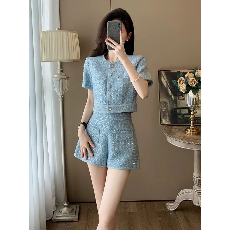 Women's coarse tweed 2-pcs set short sleeved jacket+shorts 2026 summer new small fragrance style set