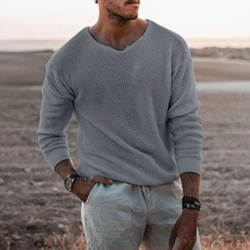 2023 Spring Autumn Fashion  Mens Knit Thin Sweaters Casual V Neck Solid Warm Slim Fit Sweaters Pullover Male