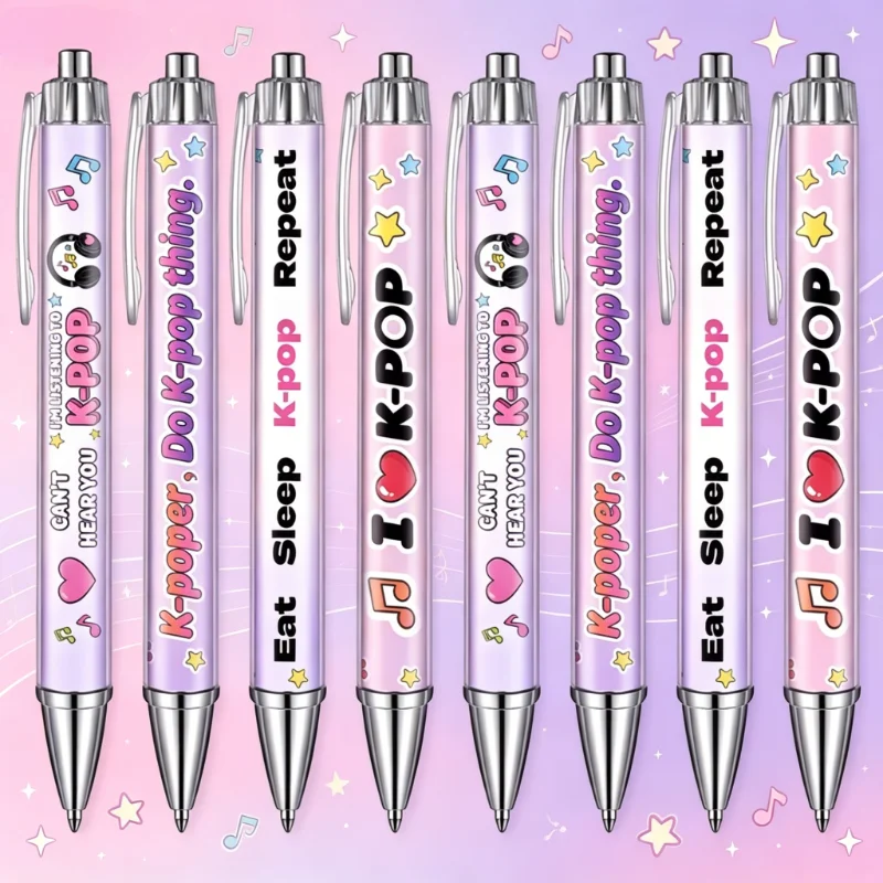 

8 шт. розовых и фиолетовых шариковых ручек в стиле K-POP, черные чернила, дизайн в виде сердца. Подходит для фанатов K-POP, студентов и в качестве подарка.