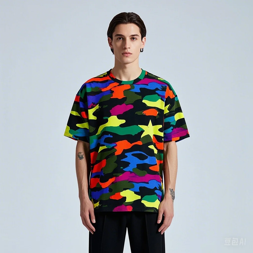 

Summer Men's Short-Sleeved T-shirt With Camouflage Print And Colorful Design Round Neck Comfortable And Breathable