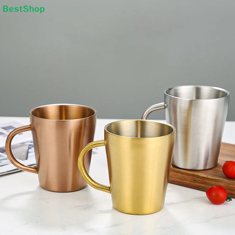 ★300ml Double-Layer Water Cup Home Dining Drinkware Mugs 304 Stainless Steel Beer Cup Gold Sliver Coffee Mugs With Handle
