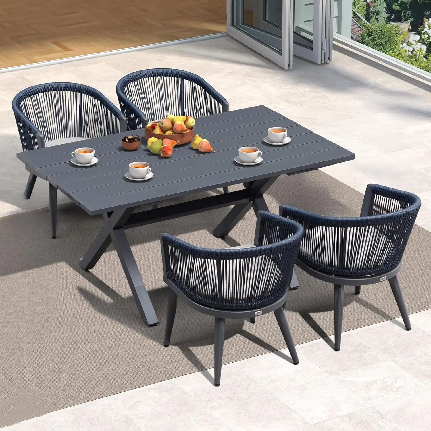 

Outdoor Dining Set For 4 All-Weather 5 Pieces Patio Aluminium Dining Table And Rope Weave Chairs Included Cushions, Customized