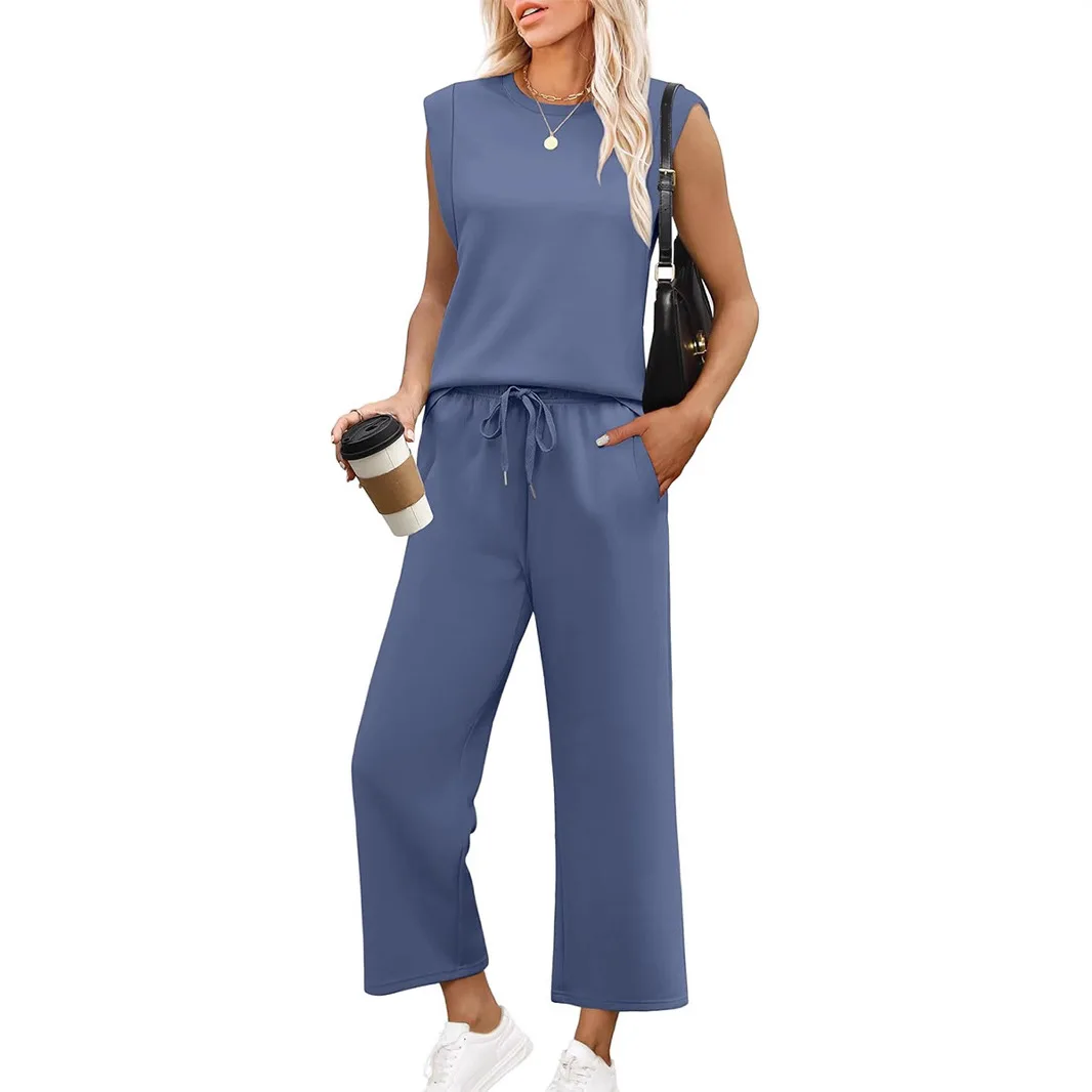 

Women's 2025 Loose Sleeveless Suit Round Neck Vest Top Pants Casual Two-piece Suit ensemble femme 2 pièces