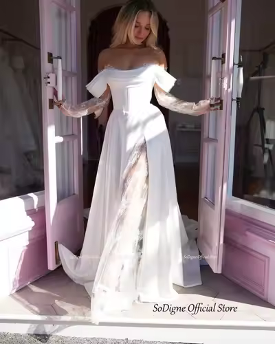 SoDigne A-line Wedding Dresses Off Shoulder Long Sleeve Satin/Lace Bridal Dress Elegant Bride Gown vestidos de novia customized - Image 3