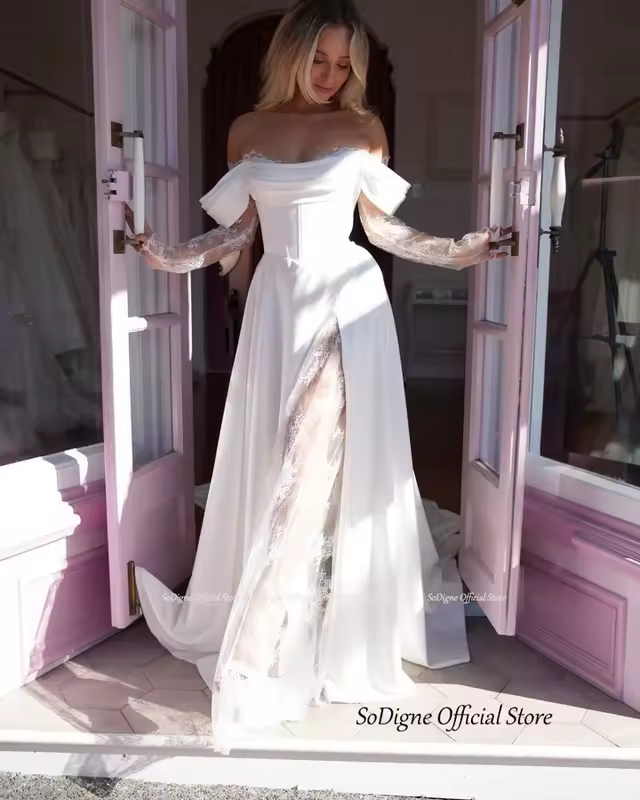 SoDigne A-line Wedding Dresses Off Shoulder Long Sleeve Satin/Lace Bridal Dress Elegant Bride Gown vestidos de novia customized - Image 3