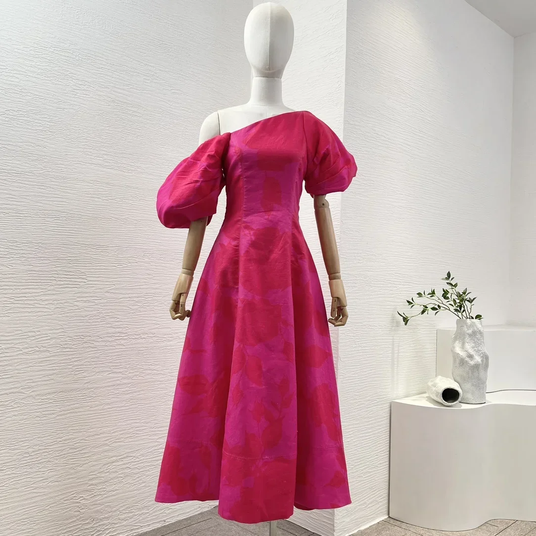 

2024 New Rose Red High Quality One Shoulder Half Sleeve A-line Spring Summer Midi Dress for Women