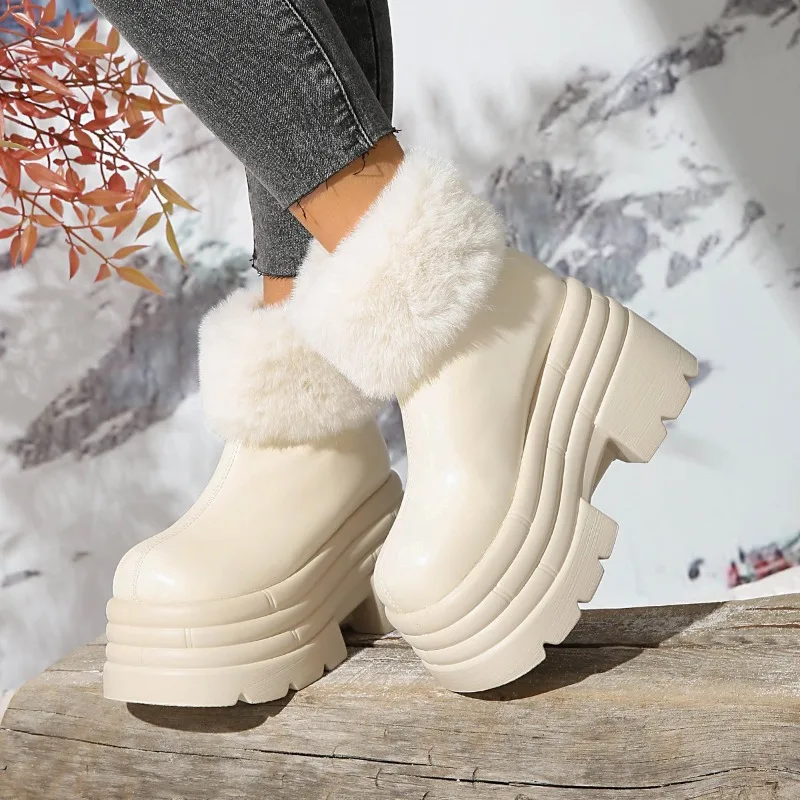 

Platform Booties Winter New Round Toe Waterproof Non-slip Sleeve Block Heel Cotton Shoes