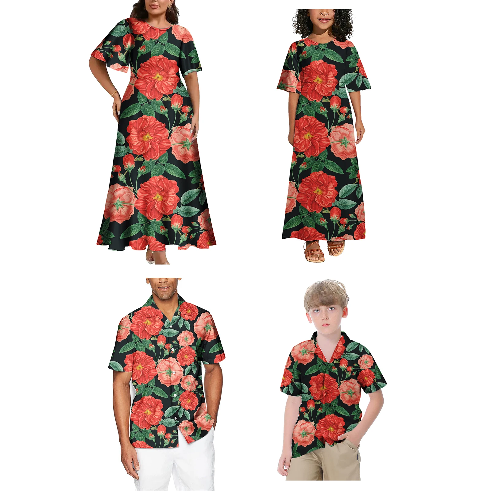 High Quality Fashion Polynesian Tribal Matching Set For Family Samoan Family Outfits Women'S Dress And Men'S Shirts Family Set