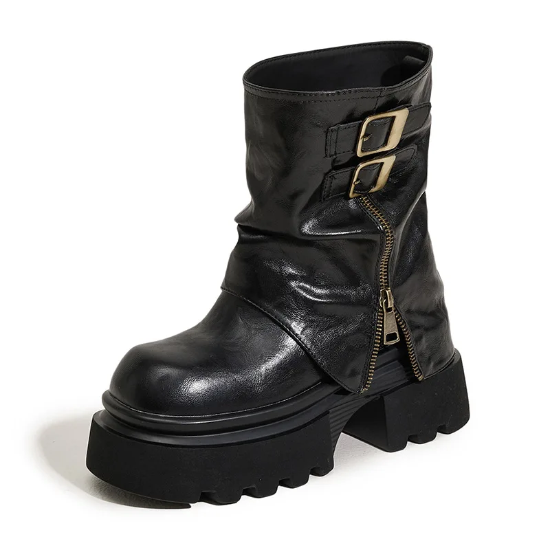 

Shoes for Women 10CM High Platform Modern Boots Belt Buckle Punk Shoes 2025 Female Zip Leather Motorcycle Boots Mid-Calf Boots