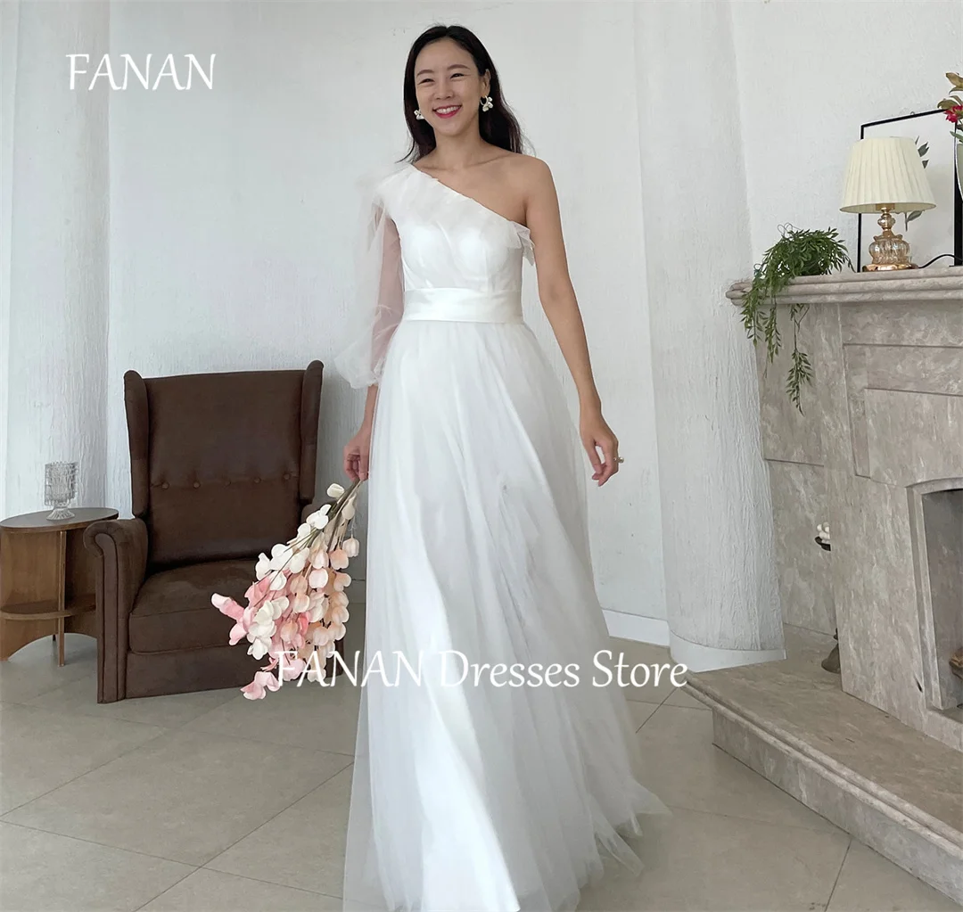

FANAN Korea Ivory One-Shoulder Wedding Dresses Sleeveless 웨딩드레스 A-Line Boat Neck Tulle Ruffles Custom Made Bride Gowns Plus Size