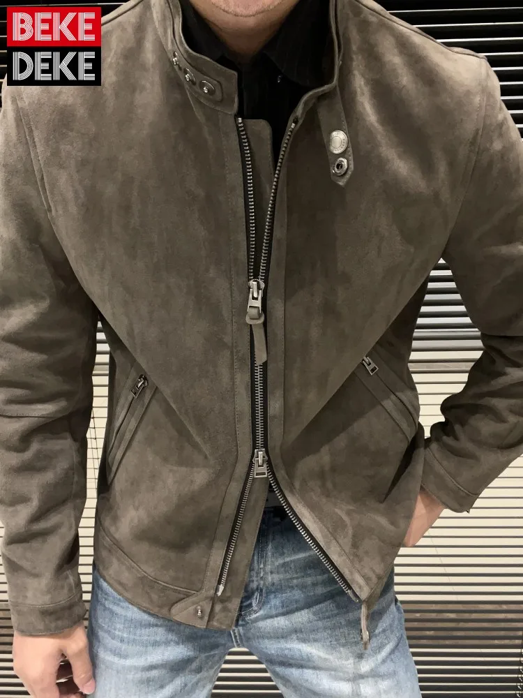 Fashion Mens New Slim Fit Stand Collar Zipper Soft Natural Suede Leather Jacket Motorcycle Outwear Coat Business Work Jackets