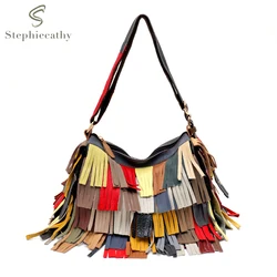 SC Women's Retro Boho Colorful Leather Tassel Patchwork Handbag Cross body Shoulder Bag Casual Daily Hobo Purse Large Capacity