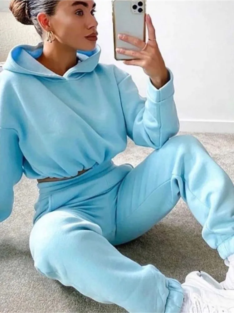 

2025 New Hooded Long-sleeved Sweatshirt Long Trousers Sports Two-piece Set For Women Fashion Casual Loose Solid Color Set