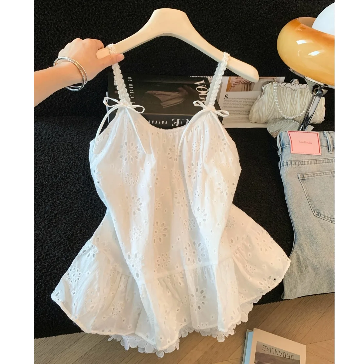 

Pure Embroidered Hollow out Strap Vest Women's Summer Loose Hem Skirt Style Top Floral Lace Trim Casual Loose Fit Blouse
