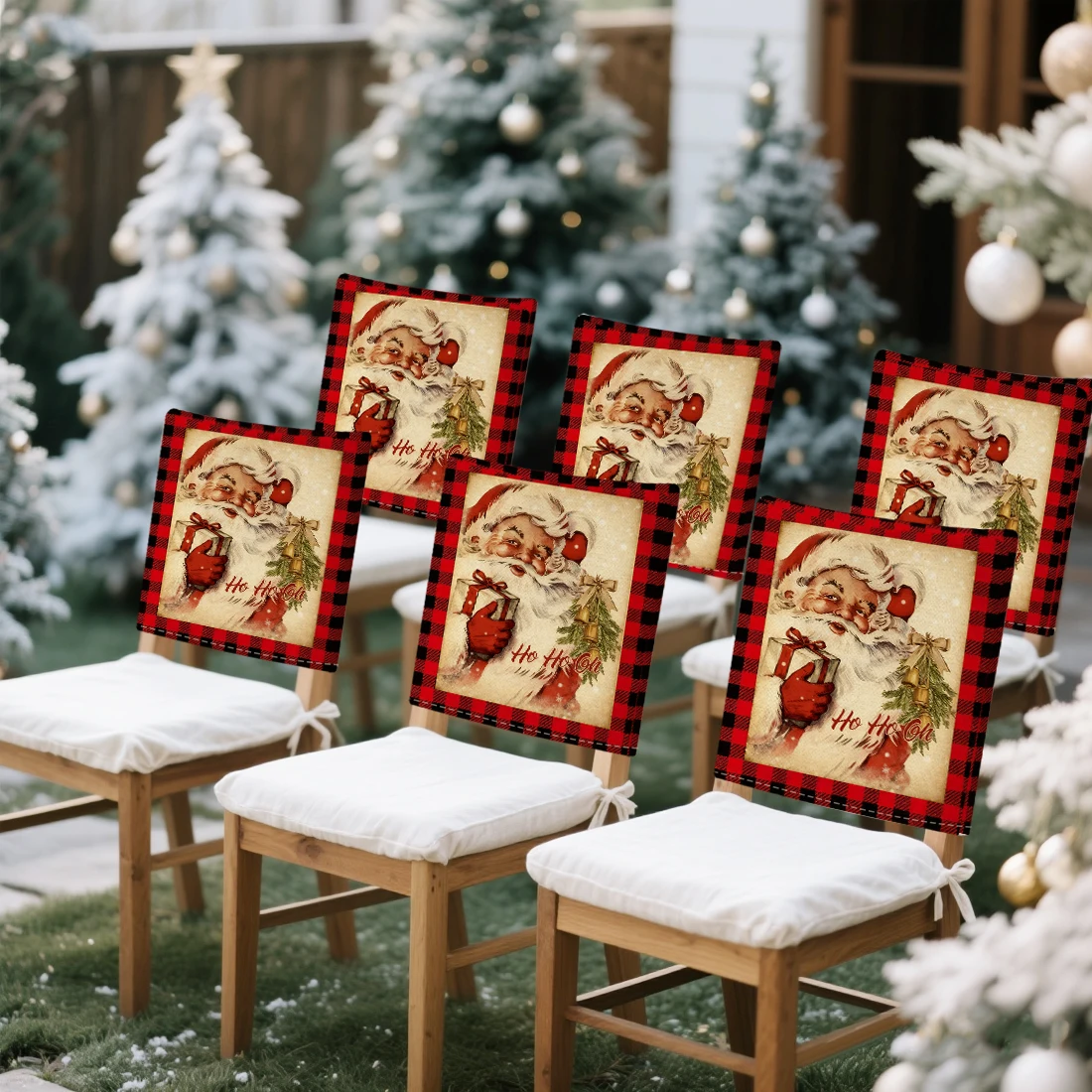 Checkered Retro Santa Claus Chair Cover Slipcovers Set of 2/4/6 100% Polyester Dining Room Office Banquet Chair Protective Cover