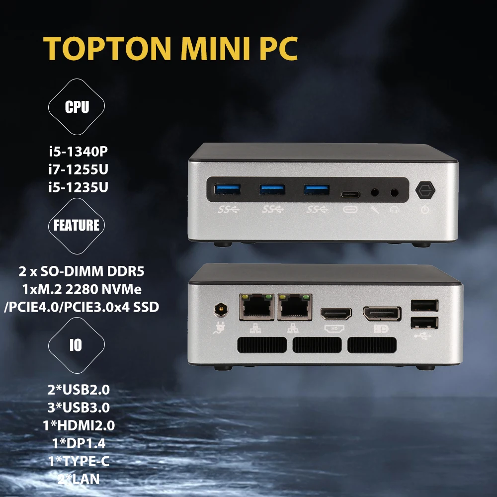 Topton Mini PC i5 1340P i7 1360P 2xDDR5 RAM NVMe SSD Windows 11 Pro komputer Desktop 1xHDMI2.0 1xDP1.4 1xType-C WiFi6