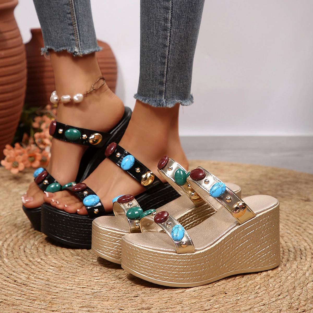 

Women Wedge Sandals Summer Outdoor Fashion Slippers Wedge Sandals Colored Beaded Leisure High Heel Shoes Women Zapatos De Mujer