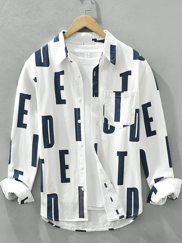 Loose Fit Men's Long Sleeve Cotton Shirt Spring Comfortable Printed Casual Fashion Japanese Style No Ironing Required Top