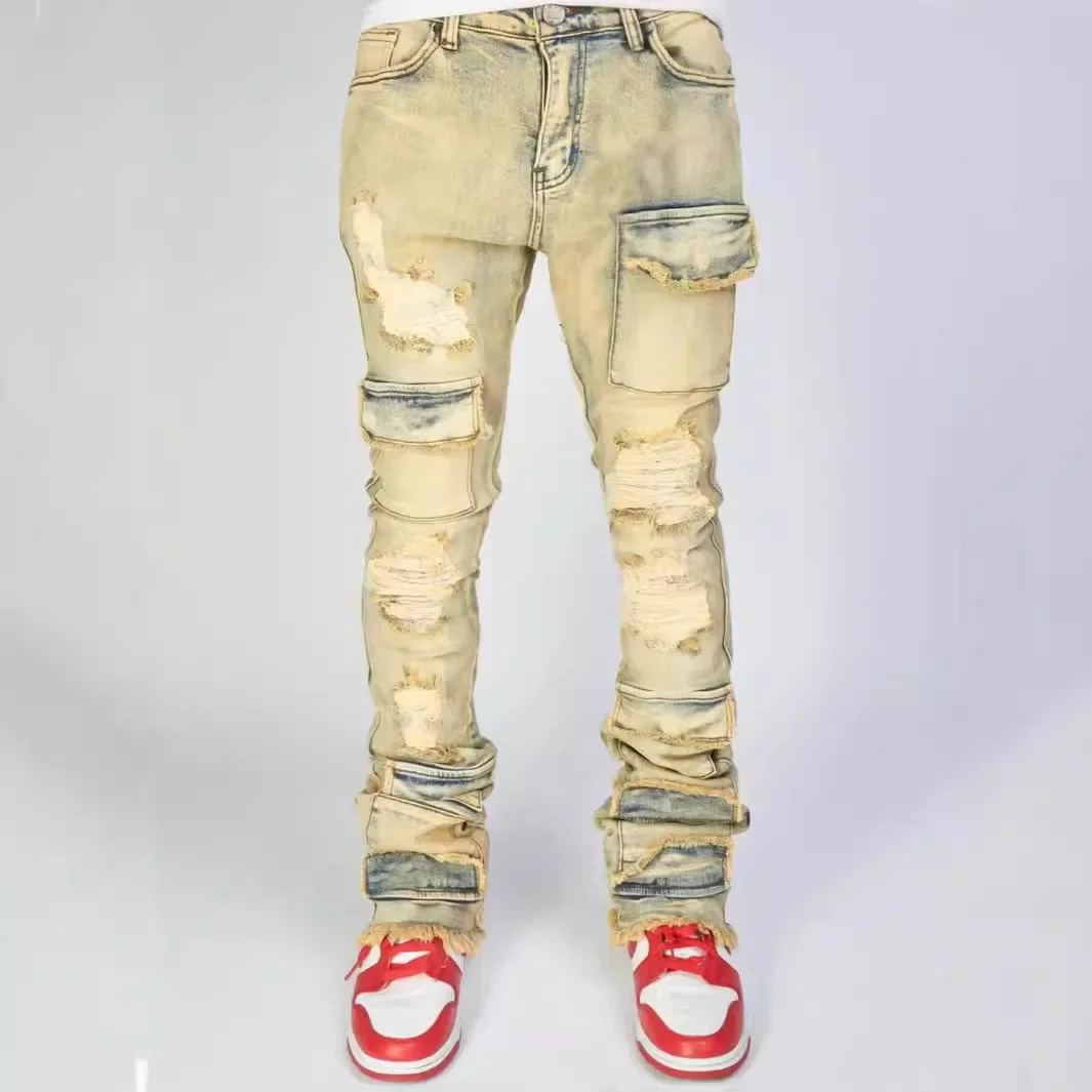 Neue Männer Flare Hosen Loch Gerade Hosen Lange Hose DenimSlim Fit Hohe Taille Casual Taste Tasche Splice Herbst Winter Jeans
