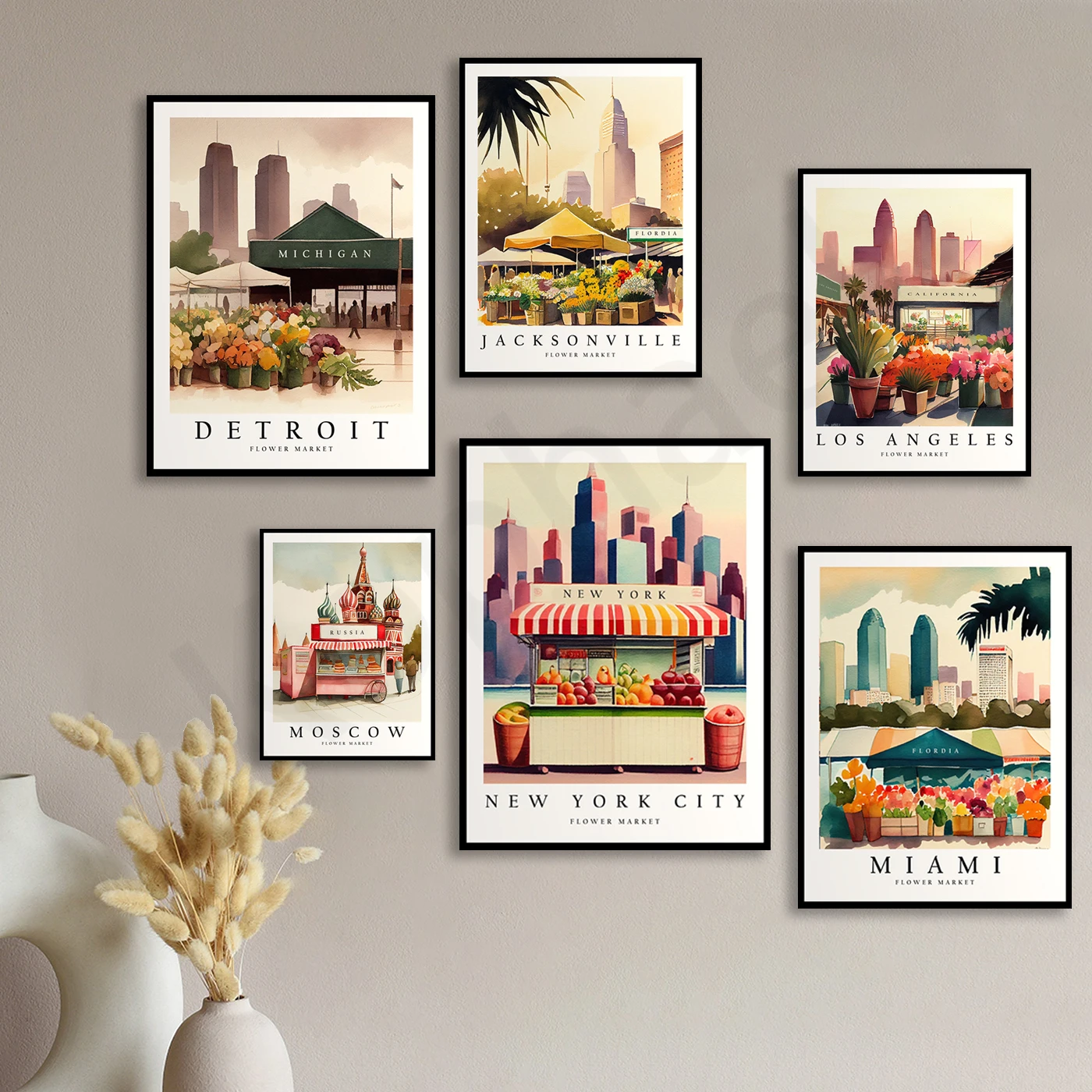 New York Moscow Miami Los Angeles Jacksonville Fort Worth Eiffel Tower Detroit. City Flower Market Poster