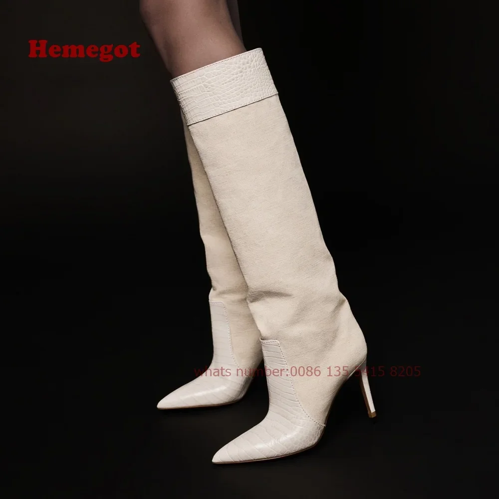 Long Pointed Boots Croco-Embossed and Suede Patchwork Women\'s Knee High Boots Thin Heels Slip On Glossy Brand Casual Shoes 2024