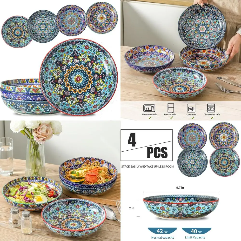 

pasta bowls set of 4, 42 oz ceramic salad bowls for kitchen, large serving bowls for ramen, fruit, housewarming gift, dishwashe