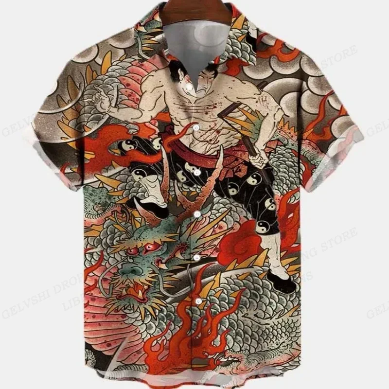 Camisa havaiana vintage masculina, camisas de lapela manga curta dragão, camisa de praia estampada em 3D, blusa de peito único, moda floral, verão