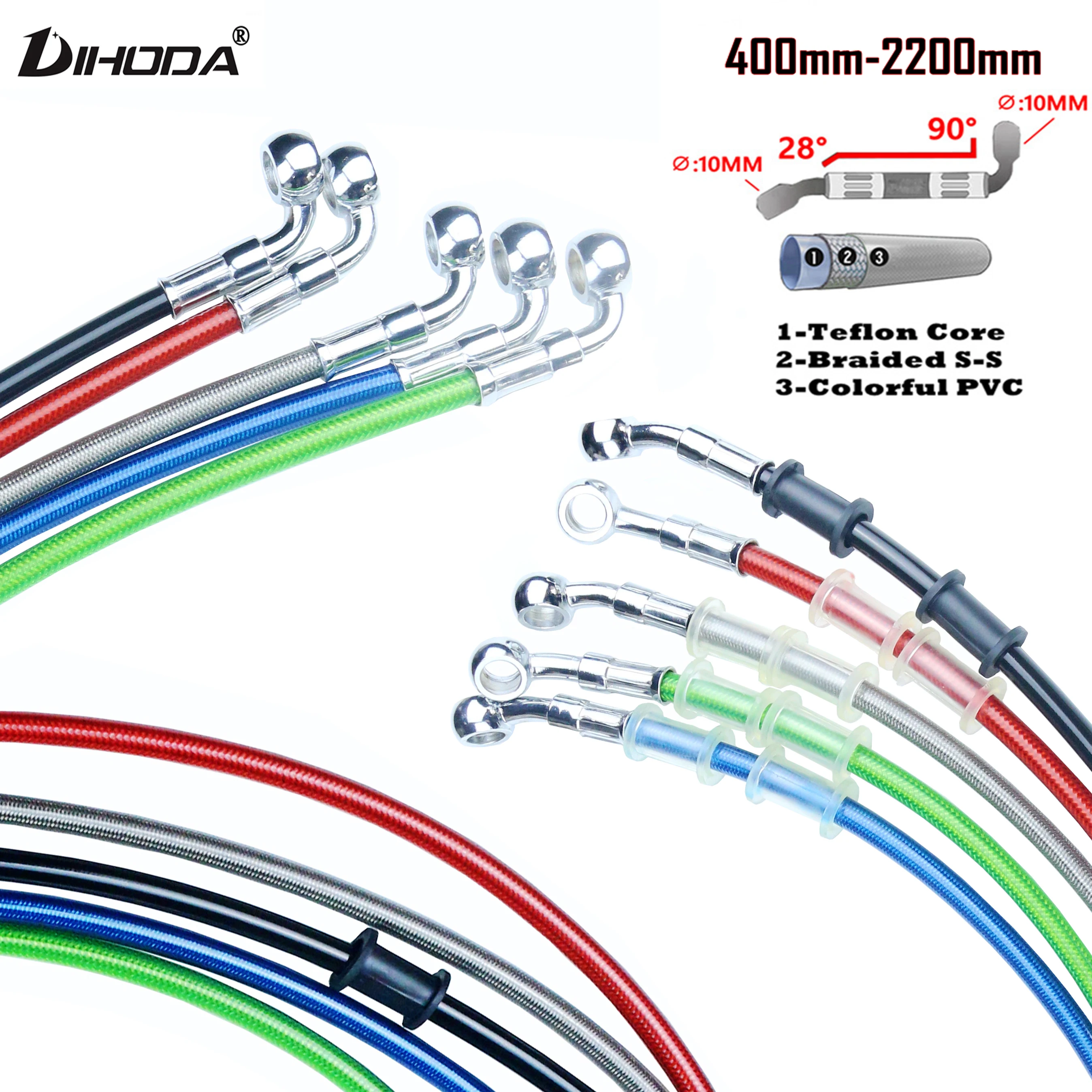 400mm - 2200mm 28 & 90 degrees multicolour Motorcycle Hydraulic Brake Hose Line Cable M10 Banjo Pipe Line Braided oil hose