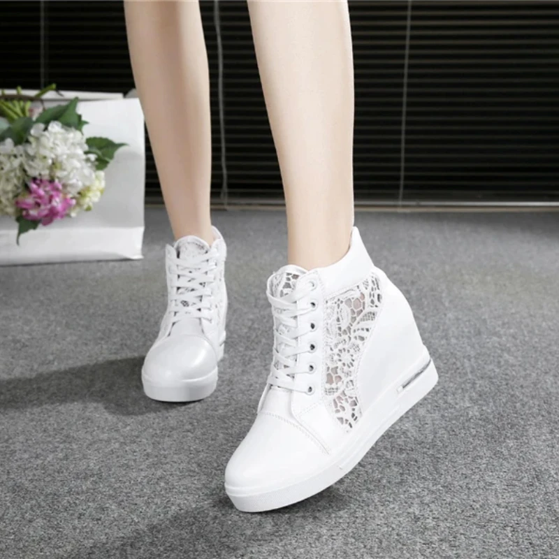 Women\'s Leather High-heeled Shoes Wedge Platform Sports Shoes Rubber Cloth Shoes Height Silver