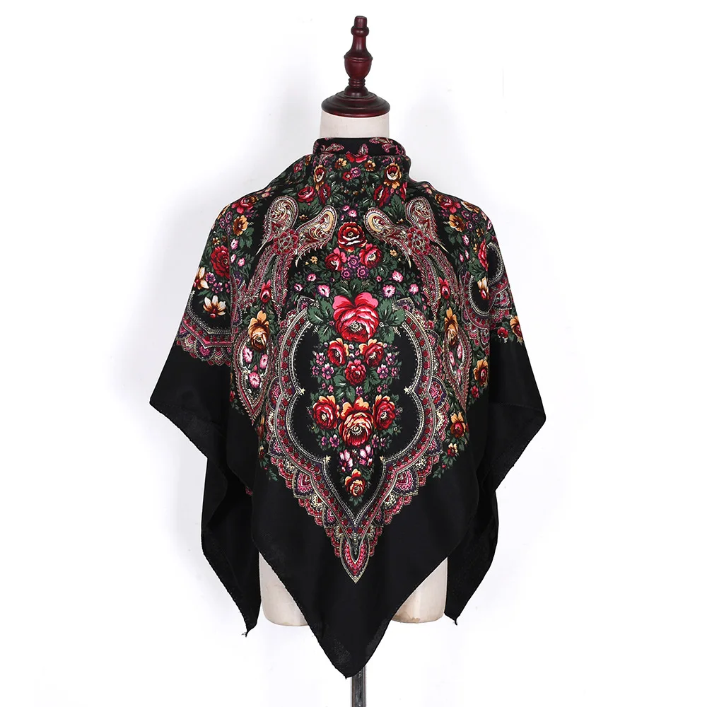 

110*110cm Russian Style Floral Print Square Scarf Women Luxury Flower Traditional UKrainian Shawl Babushka Bandana Head Wraps