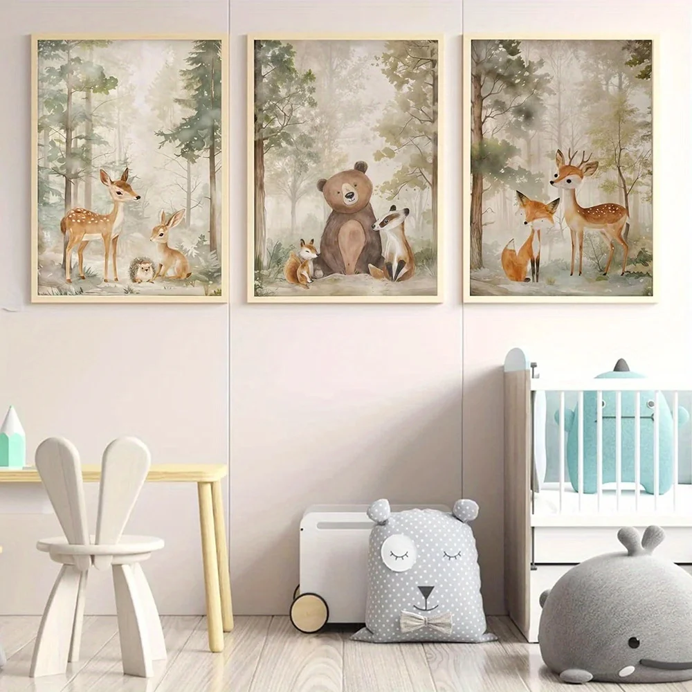 3pcs Forest Bear Giraffe Rabbit Nursery Canvas Print Wild Animal Jungle Painting Wall Art Poster for Boys Girls Room Home Decor