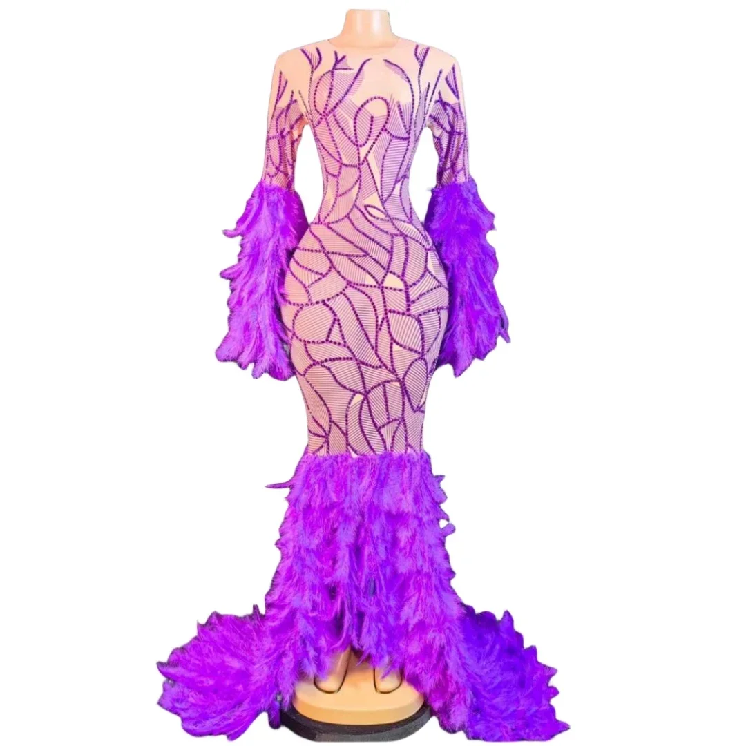 Sparkly Vrouwen Lange Jurk Met Veer Sexy Elegante Bruiloft Verjaardag Avondjurken Strass Drag Queen Outfit