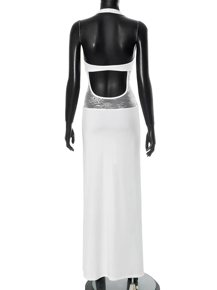 Elegantes, durchsichtiges Spitzen-Patchwork-Maxikleid für Frauen, sexy Neckholder, rückenfrei, ärmellos, figurbetontes Partykleid, Damen-Feiertagskleid 2025,