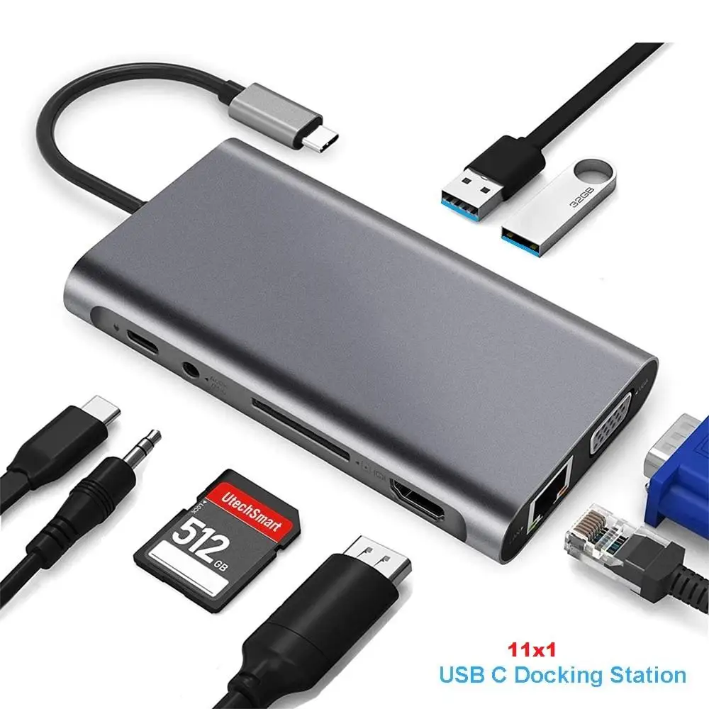 Hub Docking Station 11x1 Adapter Type C X Lan, Hdmi, Vga, Sd, Usb 3.0, Pd and P2