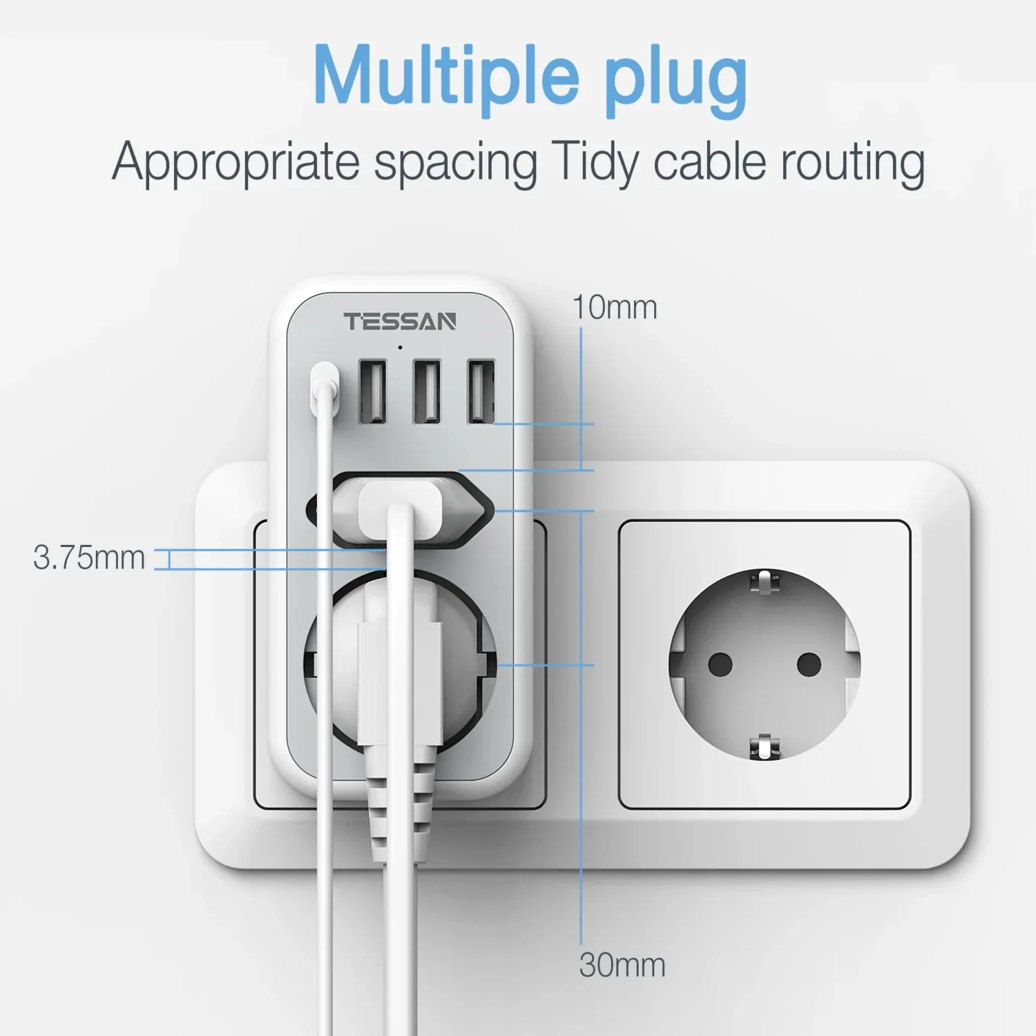 TESSAN Wall Socket Adapter with 2 Socket 3 USB A 1 Type C Plug 6 in 1 Multiple EU Wall Plug Adapter for Home Office