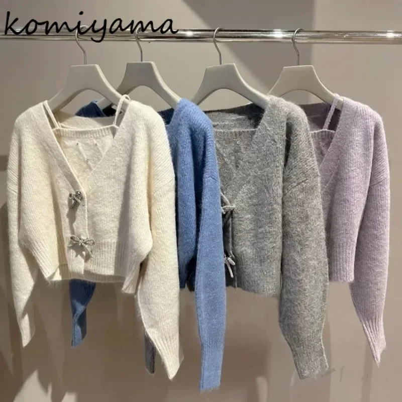 

Japanese New Two Piece Sets V-neck Chic Bow Diamonds Button 2024 Woman Cardigan + Argyle Knit Camis Sweet Gentle Women Suit