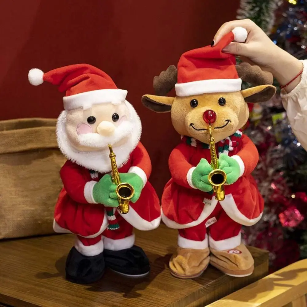 Babbo Natale Natale Peluche Pupazzo di neve Alce Divertente bambola di peluche elettrica 35 cm Sassofono che soffia Danza Canto Giocattoli di peluche