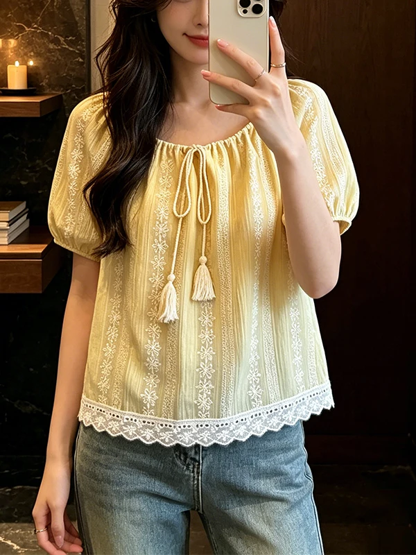 

plus Size Women's round Neck T-Shirt Lace Trim Short Sleeve with Bow Tie Korean Style Summer Top Slimming Effect Breathable