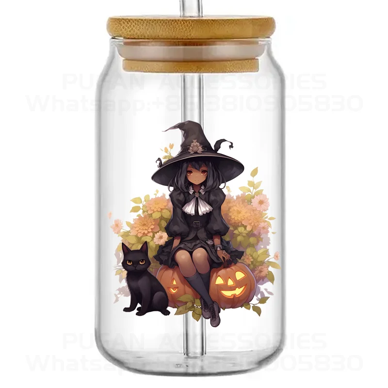 Custom Cute Witch Girl 16Oz Uv Dtf Pegatinas Uvdtf Cold Cup Wrap Tumbler Wraps Transfers