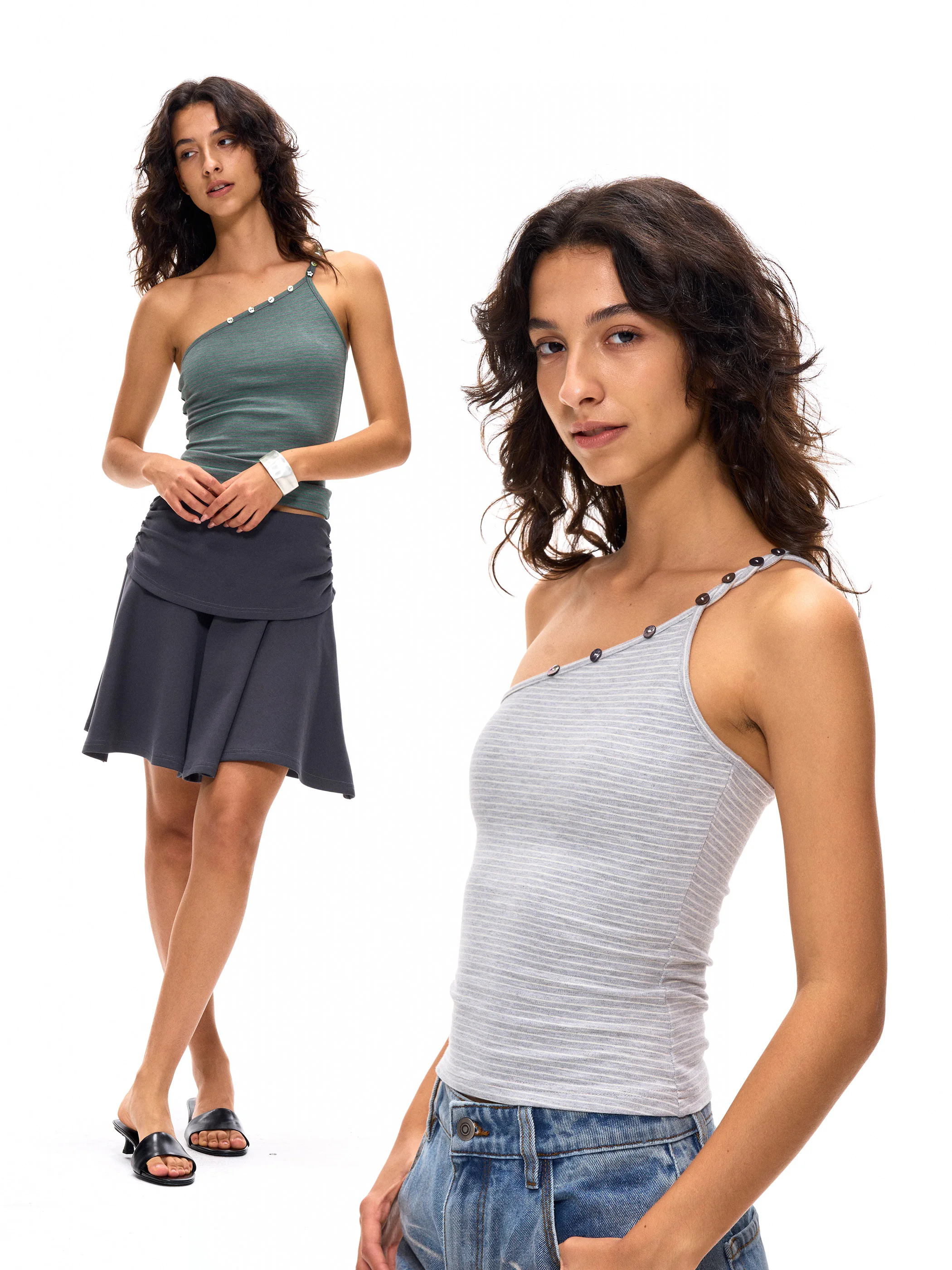 

ACOSEY 25SS Striped Asymmetrical Ne Bule Strap Vest Top Women's Commute Sle Slim Fit Polyester Fiber ort Length