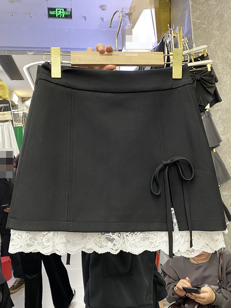 Dophee Asymmetric Lace Splicing Women Short Skirts 2025 New Spring Summer High Waist A-line Skirt Bandage Bow Mini Skirts