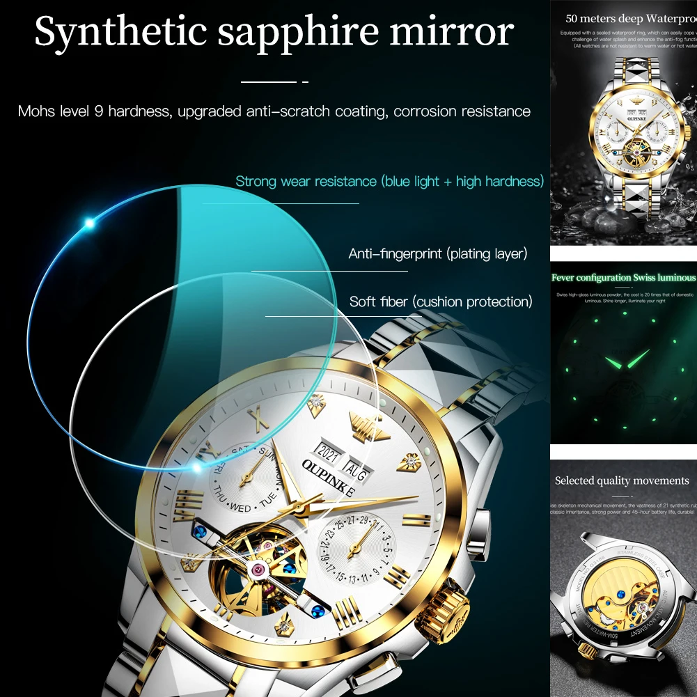 OUPINKE Couple Watch for Men Women Tungsten Steel Strap Sapphire Mirror Luxury Original Lovers Automatic Mechanical Wristwatches