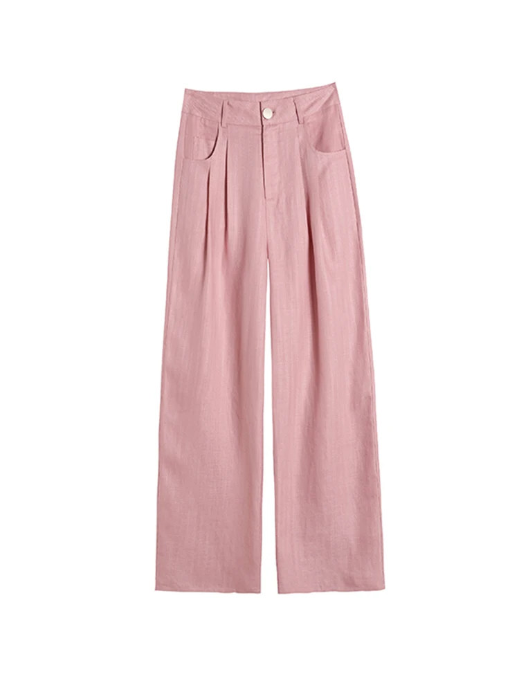 Calças de Cintura Alta em Seda de Gelo e Linho para Mulheres, Novas Calças Largas Casuais de Verão, Calças Retas para o Dia a Dia