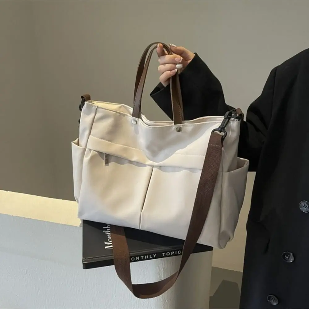 Practical Nylon Women Shoulder Bag Solid Color Two Pockets Crossbody Bags Casual Style Large Capacity Tote Bag Office