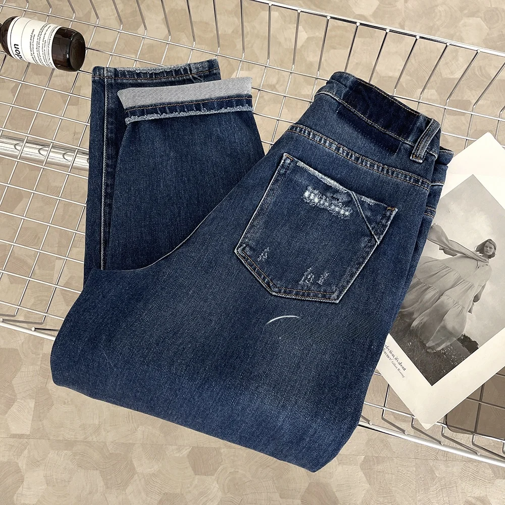 Calça Jeans Cintura Alta com Rasgos para Corpo em Formato de Pêra, Versátil, Longa, em Aodão, com Bolsos e Zíper, para o Ou...