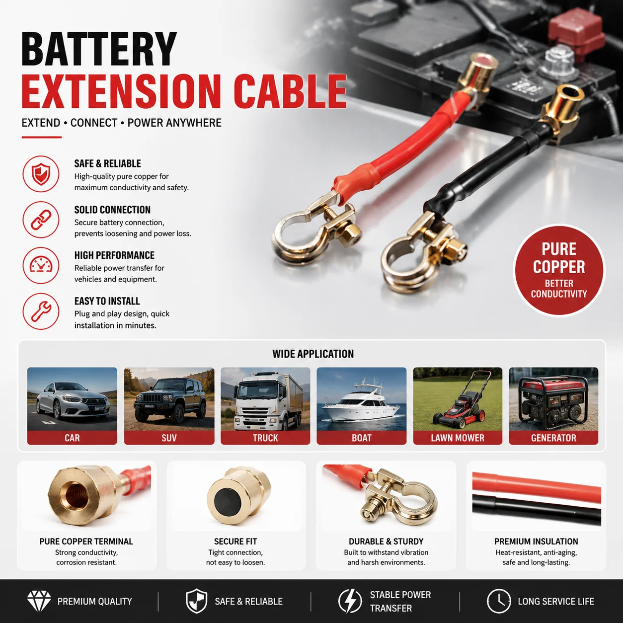 Car Battery Terminal Extension Cables Positive & Negative Power Wire Connectors Quick-Connect Battery Extension Cord Set
