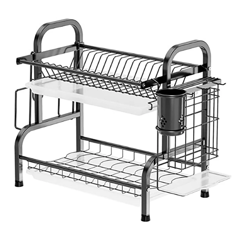 

2 Tier Stainless Steel Rack Dish Drying Rack With Drainboard With Utensil Holder Cutting Board Holder Plate Holder