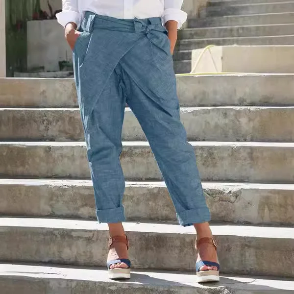 Summer Thin Chic Lace Up Pants Women Loose Long Trousers Leisure Pocket Solid High Waist Splicing Straight Pants 2025 Streetwear