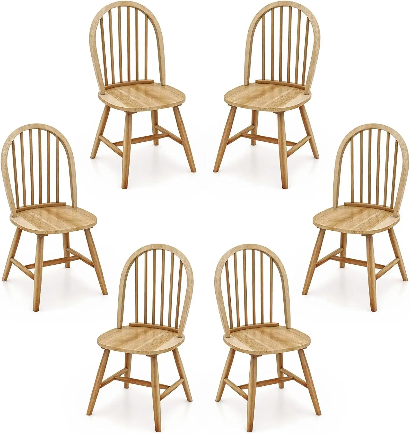 

18"" Oak Dining Chairs Set Of 6, Wood Windsor Chair With Spindle Back For Country Farmhouse Kitchen Island