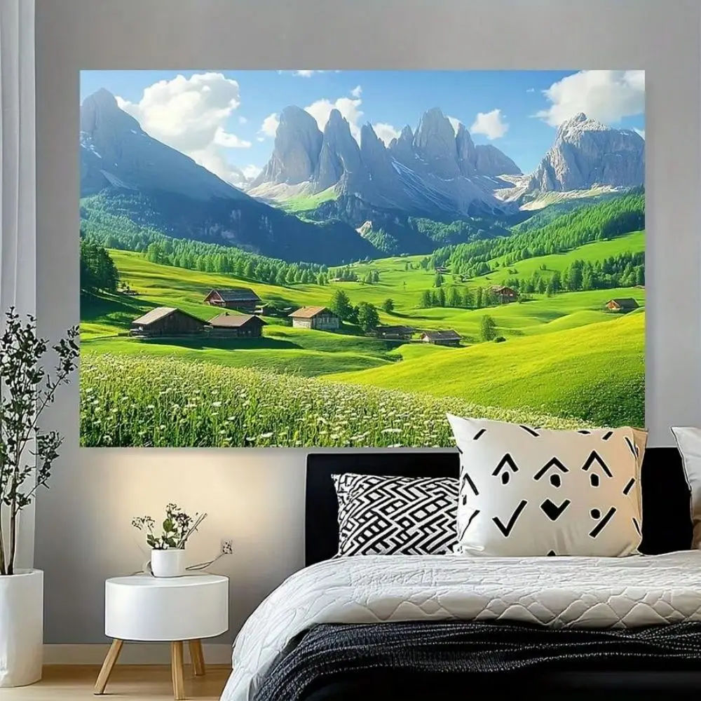 VIKAMA Wandteppich „Alpine Tallandschaft“ mit Berg- und Graslandmotiv, Wanddekoration für Wohnzimmer, Schlafzimmer, Wohnheim, Heimdekoration